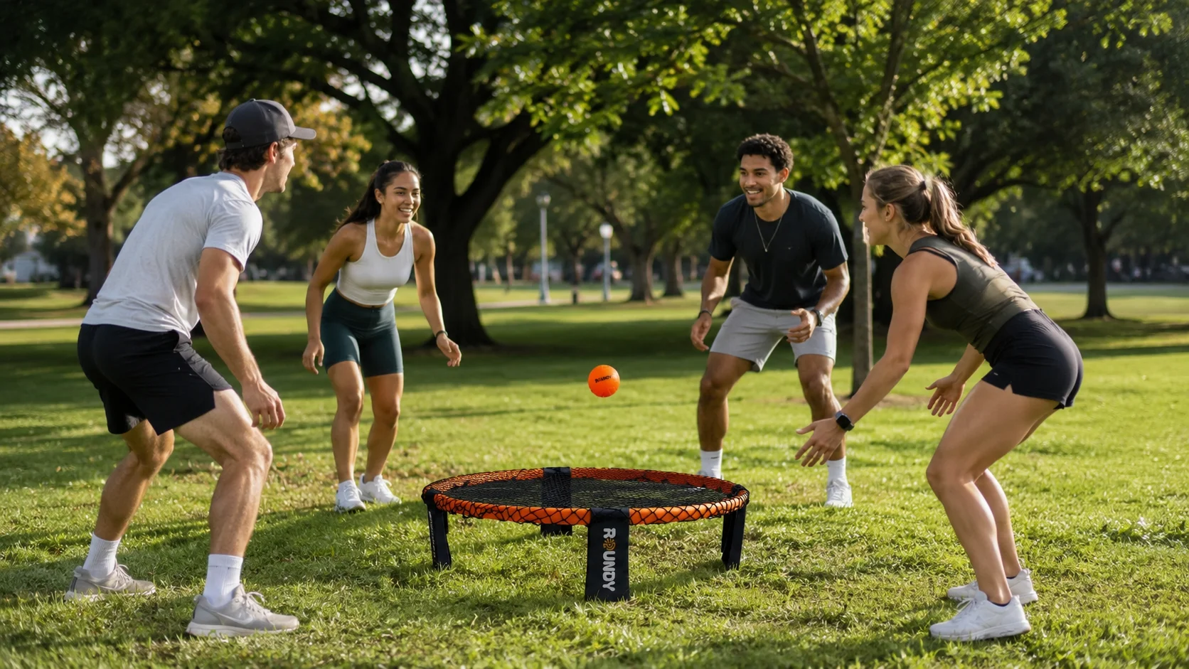 Grupo de personas jugando ROUNDY al aire libre.